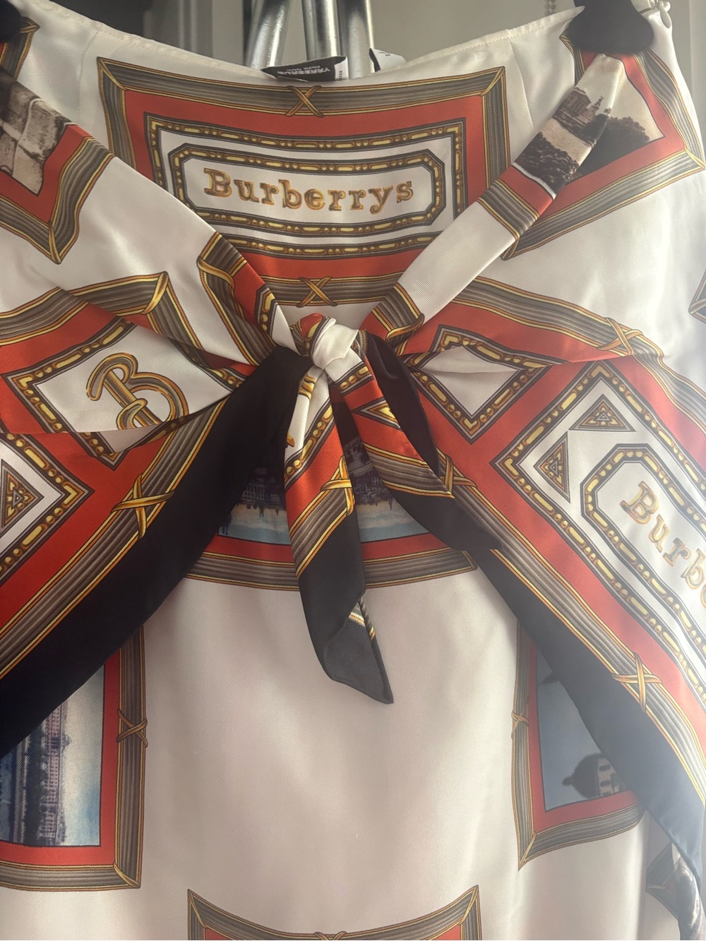 Burberry Ivory, orange, black & Gold Printed Silk Skirt NWT